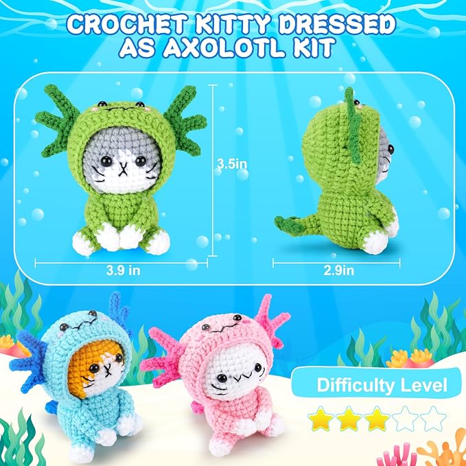 Fortuning's JDS Crochet Kit for Beginners, 3 PCS Axolotl Cat Crochet Kits | w/ Step-by-Step Video Tutorials, Beginner Crochet Kit for Adults Kids, Cat Crochet Gifts for Girl