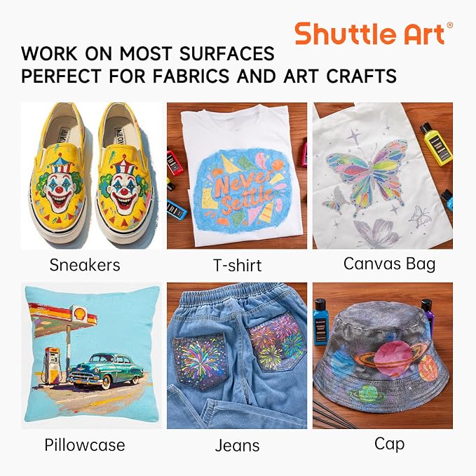 Metallic Fabric Paint, Shuttle Art 18 Metallic Colors Permanent Soft Fabric Paint in Bottles (60ml/2oz) with Brush and Stencils, Non-Toxic Textile Paint for T-shirts, Shoes, Jeans, Bags & DIY Projects