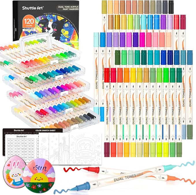 Shuttle Art 120 Colors Dual Tone Acrylic Paint Markers, 60 Pack Acrylic Paint Pens Set for Rock Painting, Ceramic, Wood, Canvas, Glass, Stone, Fabric, Card Making, DIY Football Crafts, FlipFunAlong
