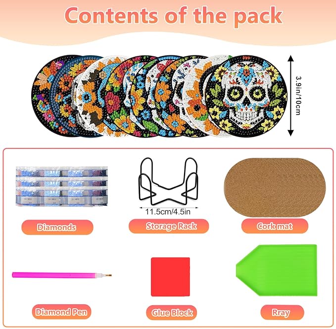 hkejoi 8 Pcs Skull Diamond Art Coasters Kit for Adults, Skull Diamond Painting Coasters with Holder, 5D Gem Art, DIY Crafts Diamond Dots for Gift Home Decor