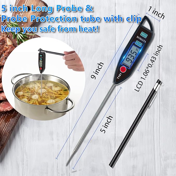 BOMATA 2 Pack Waterproof IPX7 Meat Thermometer, Food Thermometer | Instant Read, Long Probe, for Water, Liquid, Kitchen Cooking, Grill,BBQ ! T101 X 2 Pcs (Black & Red)…
