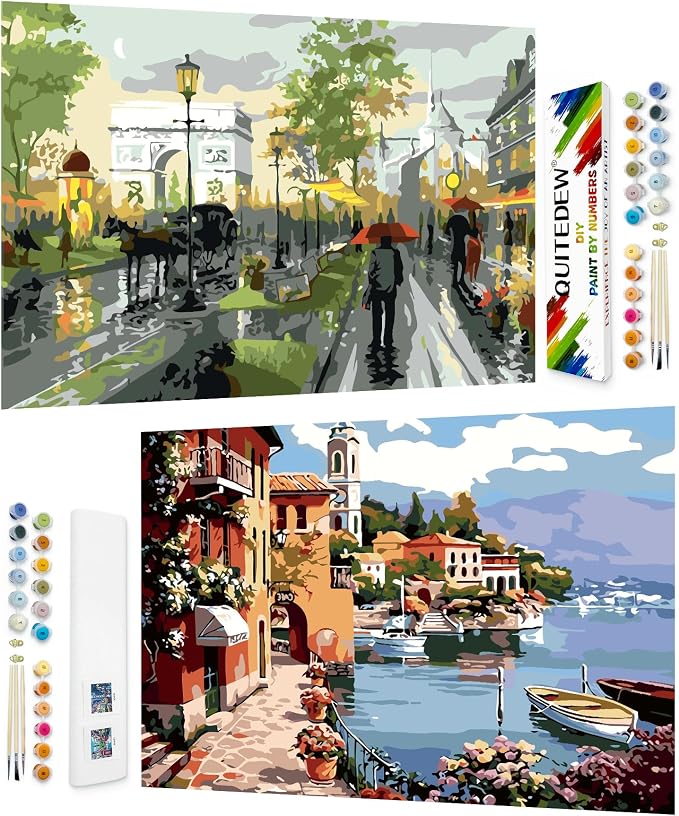 QUITEDEW 2 Pack Paint by Number Kit for Adults,Colorful Box 11.8x15.7 Inch | Town Paint by Numbers Kits for Adults for Beginner,Colorful Box Street Oil Painting for Gifts and Home Wall Decor