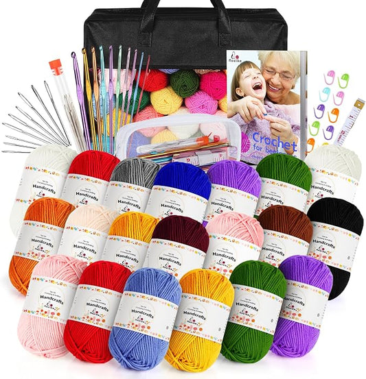 Aeelike 1093 Yards for Crocheting, Crochet Starter Kits, Black | Crochet Kit with Everything include 1093 Yards Yarn, Aluminum Crochet Hooks,Step-by-Step Instruction and Black Organiser Bag