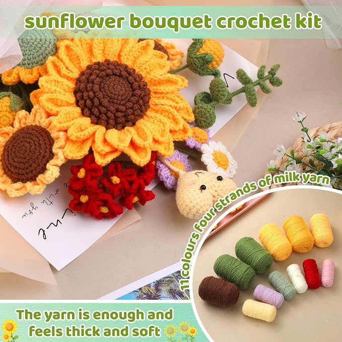 Iuuidu Crochet Kit for Beginners, Sunflower Crochet Flower Bouquet Kit