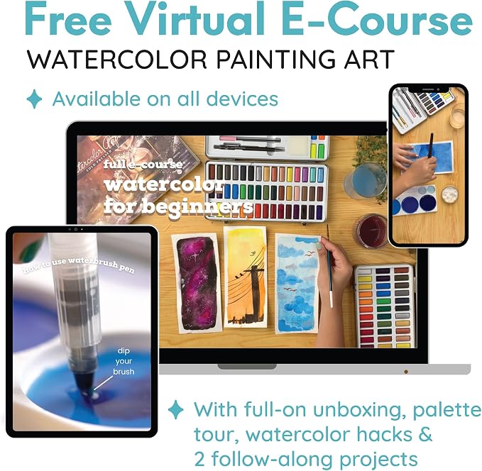 MozArt Supplies - Watercolor paint set 51 Vibrant Colors + accessories - For beginners & professionals | Complete Non-Toxic Watercolor Art Kit – 36 Classic, 9 Metallic, 9 Neon – Portable Metal Box & 7 Accessories for Artists