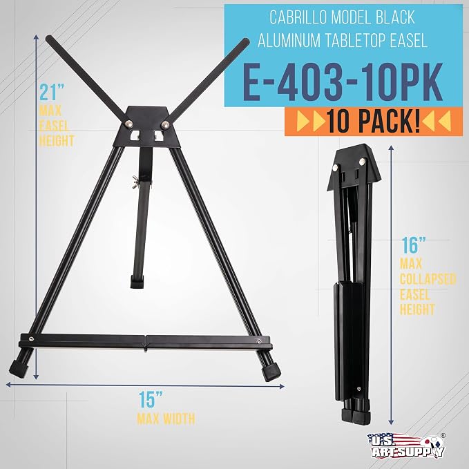 U.S. Art Supply Tabletop Easel for Painting - 15" to 21", Black, Pack of 10 | Adjustable Metal Painting Easel - Portable Art Easels for Display Table Stand - Canvas, Whiteboards, Posters, Signs, Drawings