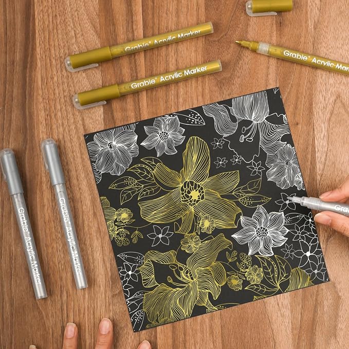 Grabie 0.7 mm Acrylic Paint Markers, Pack of 6 gold & silver Pens