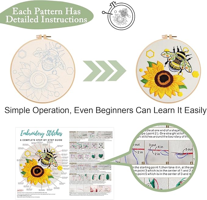 Nuberlic 3 Pack Embroidery Kit for Beginners with Bee Pattern