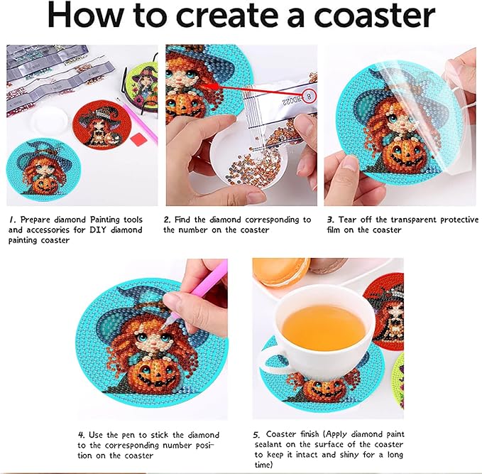 askkqtx 8 Pcs Halloween Diamond Art Coasters Kits with Holder 4X4 Inch