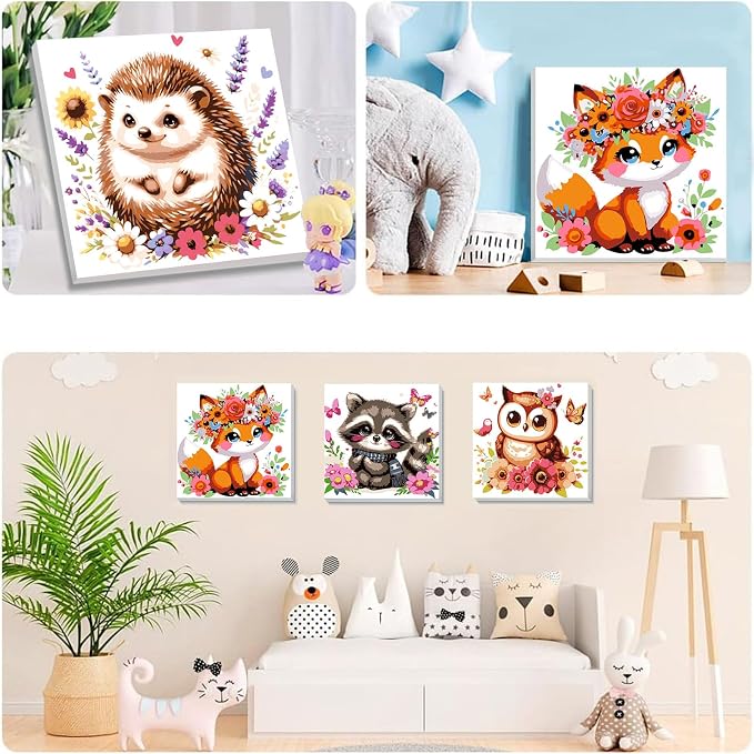 4 Pack Animal Paint by Number for Kids with Wooden Frame - Wooden Easel | Paint by Numbers for Kids Ages 4-8-12, Easy Owl Fox Hedgehog Raccoon DIY Oil Painting Kits for Home Wall Decor (8X8 inch)