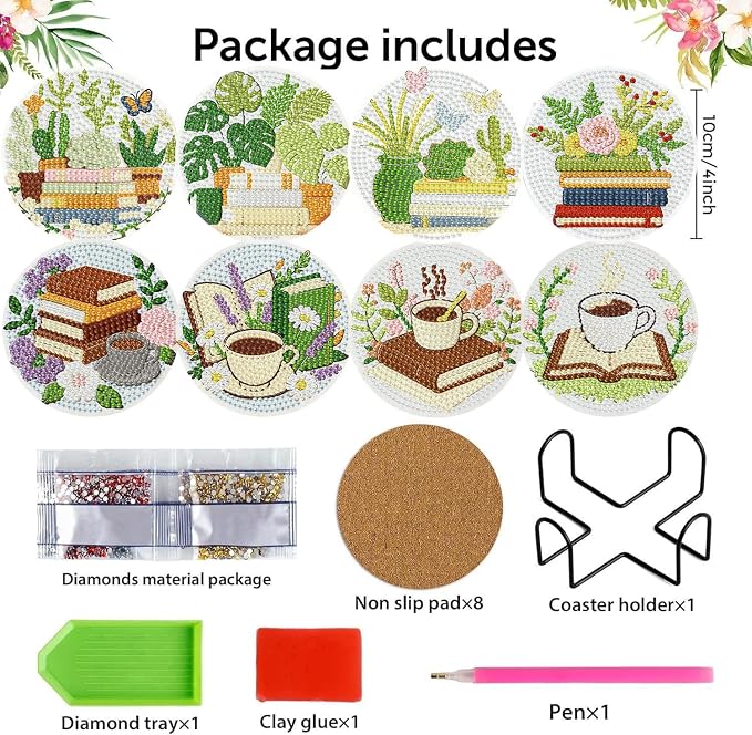mrpwnle 8 Pcs Diamond Art Coasters Kits DIY Book Diamond Painting Coasters