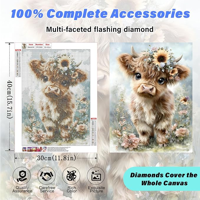 Highland Cow Diamond Art Kits for Adults,Retro Flowers Diamond Painting