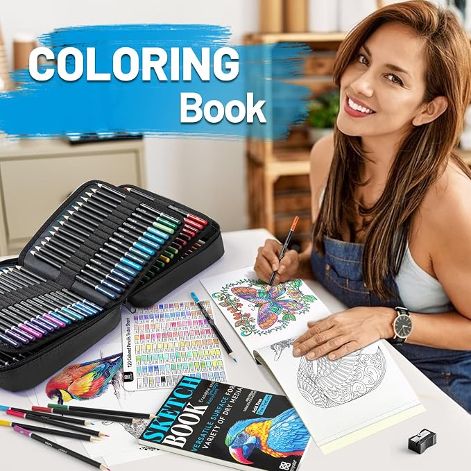 136 PCS Colored Pencils Set for Adult Coloring Books, 120 Colored Pencils | with Sketchbook, Coloring Book, Sharpener, Tutorial, Color Chart, Soft Core Oil-Based, Ideal for Drawing Blending Shading