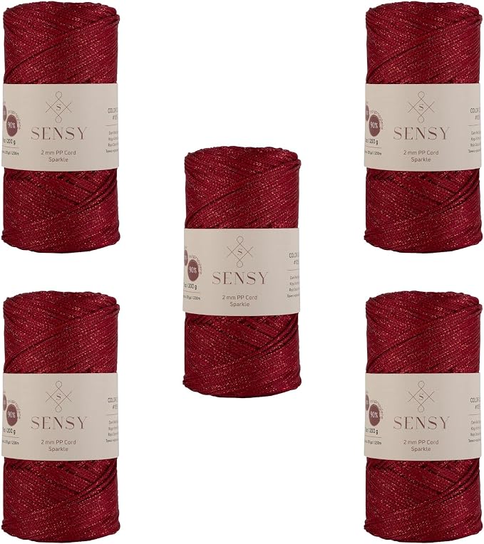 S Sensy 2mm Sparkle - Premium Polypropylene Macrame Cord 5 Skeins Dark Red