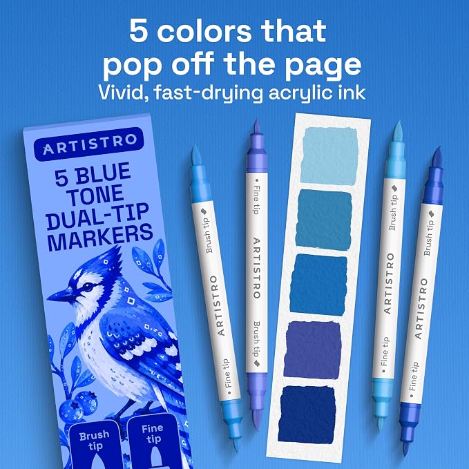 ARTISTRO 5 Blue Tones Dual-Tip Acrylic Paint Marker Pens for Drawing | For Fabric, Rock, Glass, Wood, & Molds, Arts & Crafts Gift for Adults, Teens, & Kids, Classroom Must Haves & School Supplies
