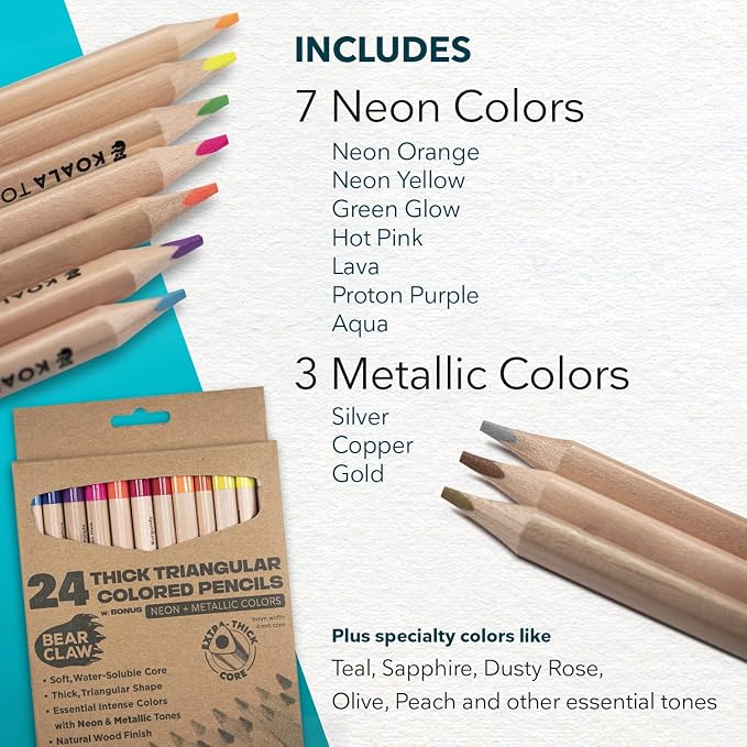 KOALA TOOLS - Bear Claw Colored Pencils for Adults and Kids, Water Soluble Color Pencils with Triangular Grip for Art and Shading, Includes Neon and Metallic Colors, Pack of 24