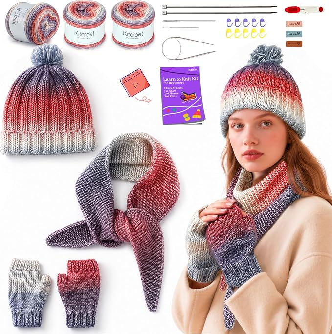 Complete Knitting Kit for Beginners, Scarf, Hat & Gloves, Amethyst Ombre | Kitcroet Knitting Kit Video Tutorials & Written Guide; 2 Types of Needles & Knitting Accessories; 25% Extra Yarn Included