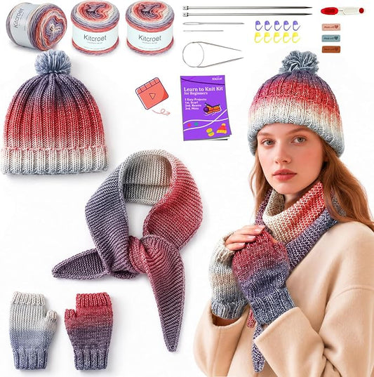 Complete Knitting Kit for Beginners, Scarf, Hat & Gloves, Amethyst Ombre | Kitcroet Knitting Kit Video Tutorials & Written Guide; 2 Types of Needles & Knitting Accessories; 25% Extra Yarn Included