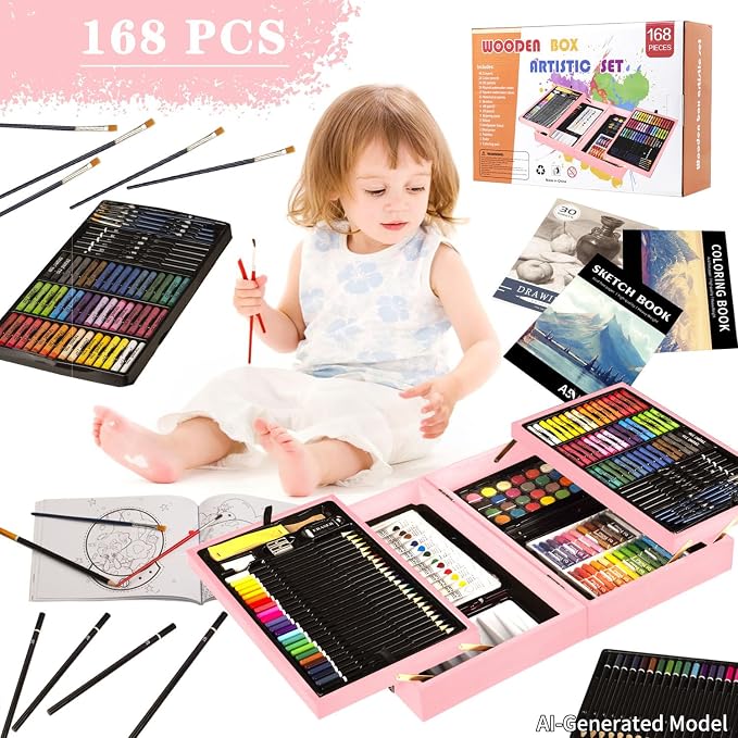 KINSPORY 168 Pack Wooden Art Set, Deluxe Painting Drawing Kit with 3 Coloring Books, Oil Pastels, Watercolor Paints, Art Crafts Supplies, Creative Gift for Beginners, Kids, Boys, Girls & Artists