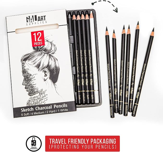 Charcoal Drawing Set with Organizer Tray – 12 Pieces Soft, Medium, Hard and White Charcoal Pencils for Drawing, Shading and Sketching for Artists and Beginners