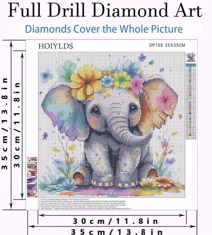 Cute Elephant Diamond Art Painting Kits for Adults - Round Full Drill Diamond Dots Paintings for Beginners, 5D Paint with Diamonds Pictures Gem Art Painting Kits DIY Crafts Project Kits 14x14inch