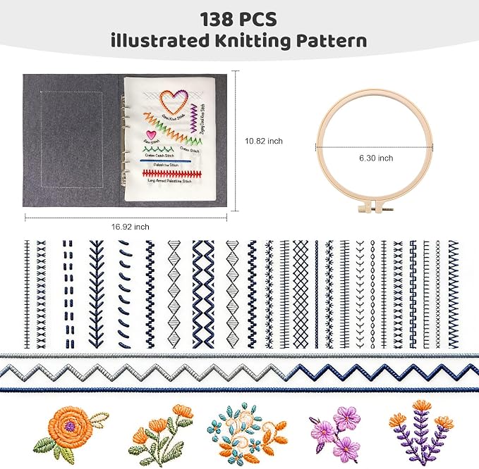 Vipxsa Embroidery Stitch Book Kit for Beginners, 138 Patterns with Embroidery Hoop & 87 PCS Tools, Portable Loose-Leaf Beginner Embroidery Kit Hand Embroidery Starter Kit for Adults DIY Craft Lovers