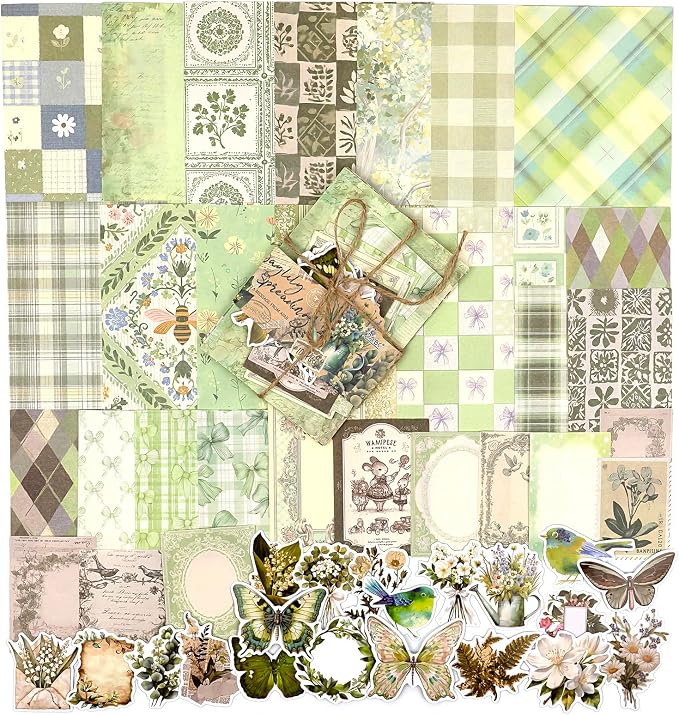 OKUPAN Scrapbook Supplies Kit – 100PCS Vintage Cottagecore Floral Scrapbook Paper & Stickers, 4 Sizes Pastoral Scrapbooking Supplies for Journaling, Card Making & DIY Gifts (Green)