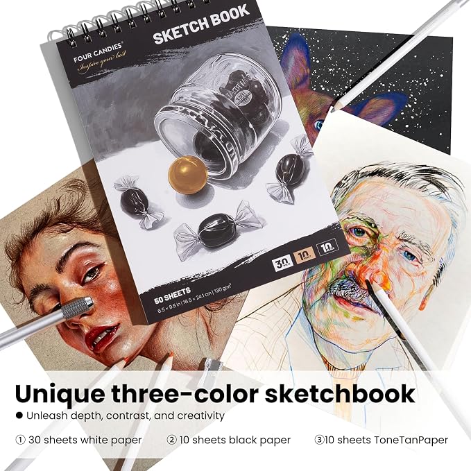 Four Candies 120 Oil-Based Colored Pencils Set with Zipper Case | Soft Core, Durable, Vibrant Colored Pencils for Coloring, Drawing, Blending, Includes 3-Color Sketchbook, Gift for Beginners