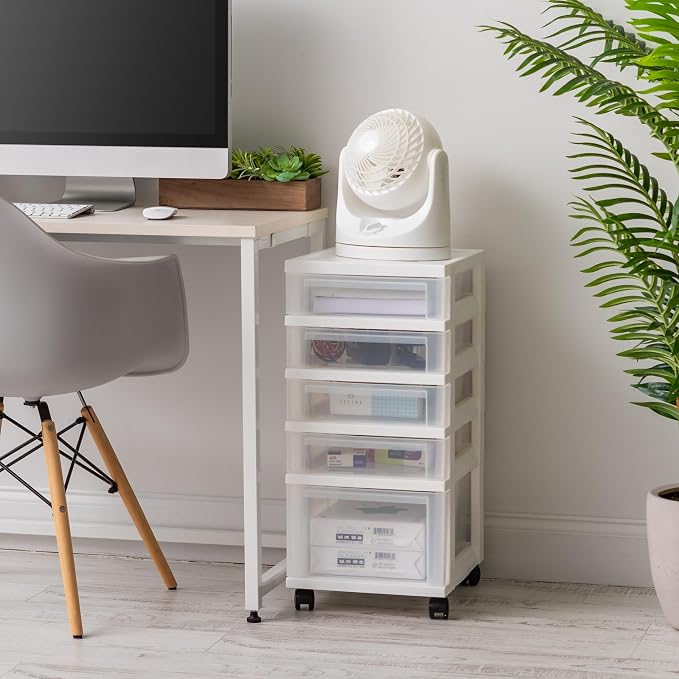 IRIS USA 5-Drawer Rolling Storage Cart with Organizer Top, White/Clear