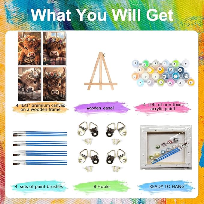 LWZAYS 4 Pack Framed Paint by Numbers Kit for Adults with Wooden Easel - Cow Easy Paint by Numbers with Frame for Beginners, Adult Paint by Number Kits Framed Canvas for Home Decor Gift 8x12 Inch