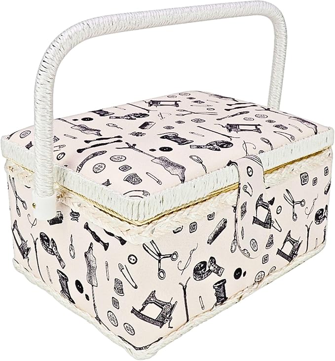 Large Sewing Basket with Complete Sewing Supplies, Black White