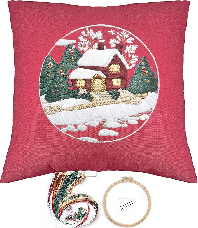 FONNUY Christmas Embroidery Kit for Beginners, Throw Pillow Case Cross Stitch Set Winter Snow House Holly Tree Pattern for Adults, Hand Works Crafts Throw Pillow Cover, 18 x 18'' (Red)