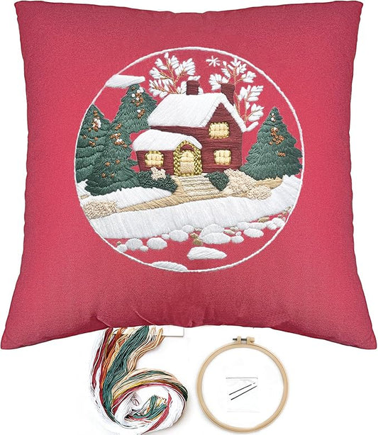FONNUY Christmas Embroidery Kit for Beginners, Throw Pillow Case Cross Stitch Set Winter Snow House Holly Tree Pattern for Adults, Hand Works Crafts Throw Pillow Cover, 18 x 18'' (Red)