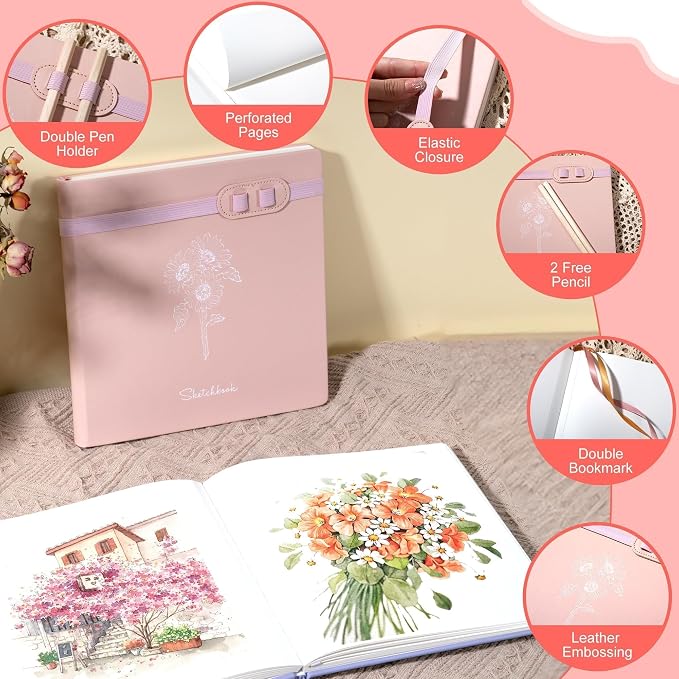 Hardcover Sketchbook for Drawing with 2 Pencils,160 Page Sketch Book,Pink | Acid Free 150GSM Thick Paper,Gift Boxed,Square Leather Art Sketch Pad Drawing Paper Book Artist's Journal for Women Adults