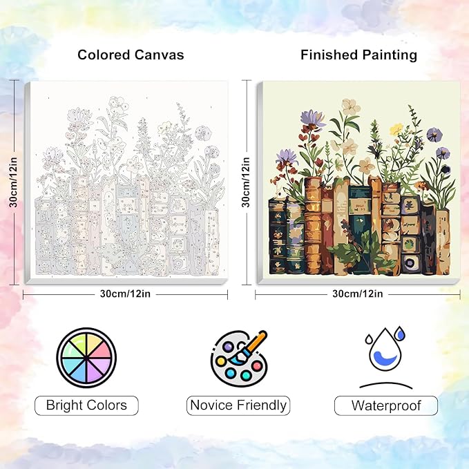 Yezavesu Book Framed Paint by Numbers Kit for Adults Beginner | With Frame Canvas 12x12 Inch, DIY Acrylic Painting by Numbers Flowers, Stress Relief Craft Kits, Home Wall Decor Gift