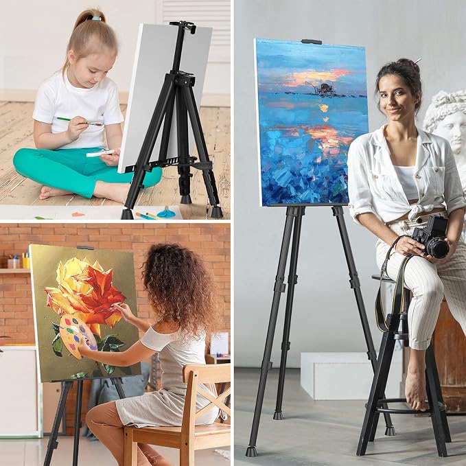 Art Painting Display Easel Stands - Portable Adjustable Floor Artist Easels | Aluminum Metal Tripod Black Stands with Bags, Sturdy for Table-Top/Floor Painting, Drawing, Displaying - 2 pack