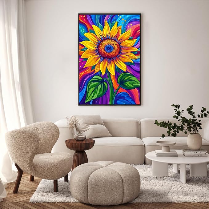Framed Paint by Numbers Kit for Adults, Colorful Sunflower, 8 x 12 Inch | DIY Adult Paint by Number Kit for Beginners, Floral Wall Decor, Stress Relief Craft Gift, Creative Hobby
