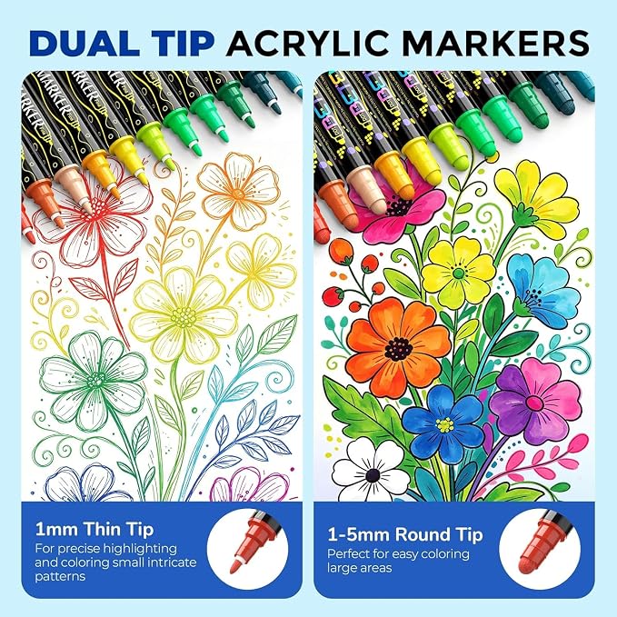 Betem 60 Colors Dual Tip Acrylic Paint Markers, Fabric Decorating Kits | Premium Water-Based Acrylic Paint Pens Art Supplies for Fabric, Rock, Wood, Glass, Canvas, Ceramic, School Supplies