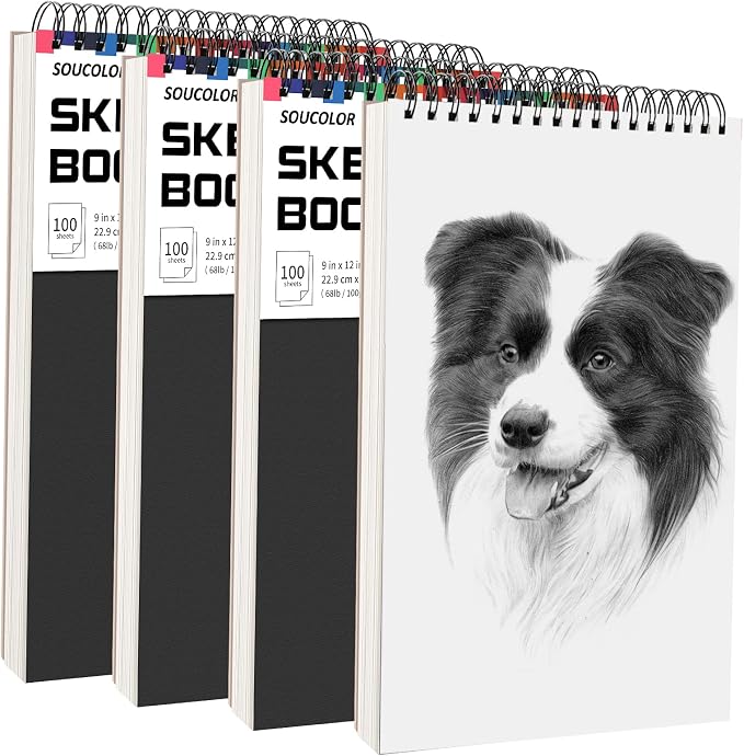 Soucolor Artist 9x12 Sketch Book Set, 4 Pack 400-Sheet Spiral Drawing Pads | Skerch Book for Adults 68lb/100gsm | Acid-Free Drawing Paper for kids Art Supplies,Charcoal,Graphite,Pastel Pencils & Sticks