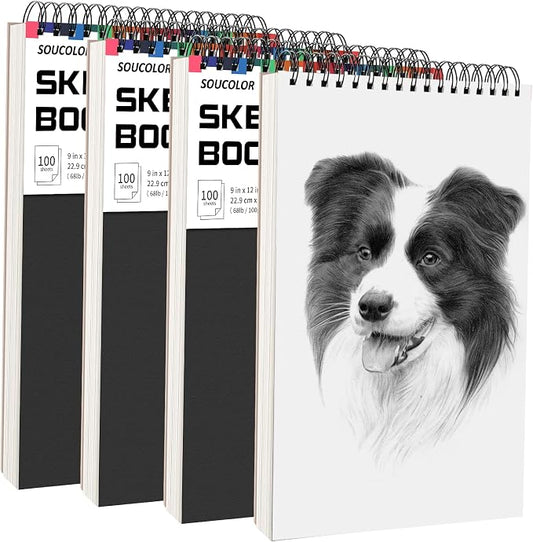 Soucolor Artist 9x12 Sketch Book Set, 4 Pack 400-Sheet Spiral Drawing Pads | Skerch Book for Adults 68lb/100gsm | Acid-Free Drawing Paper for kids Art Supplies,Charcoal,Graphite,Pastel Pencils & Sticks