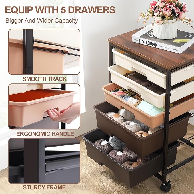 SYKIARIOL Rolling Cart with Drawers, 5 Drawers Utility Cart, Dark Brown | 5-Tiers Storage Cart with Drawers with Lockable Wheels for Craft Organizers and Storage,Home Office,Classroom,Dorm,Playroom