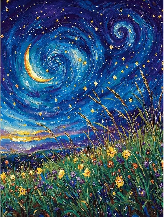 pchmcu DIY Starry Night Paint by Numbers Kits for Adults,Landscape Paint by Number for Adults Beginner Moon,Grassland Paint by Numbers Kits on Canvas Without Frame for Home Wall Decor 16x20inch