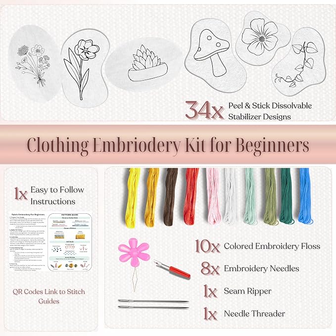 Easy Clothing Embroidery Kit - 34 Water Soluble Stick & Stitch Designs - Embroidery Kit for Clothes Starter Pack, Beginners All Inclusive Kit for Clothing Embroidery