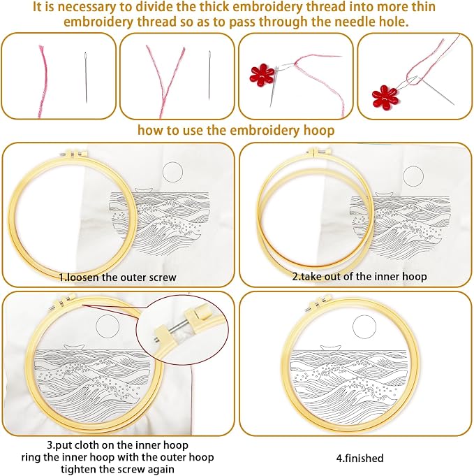 BEUNITONE 6PCS Beginner Embroidery Kit for Adults, Minimalist Black and White Style Pre-Stamped Pattern Needlepoint Kits with Hoops & Instruction, Hand Embroidery Kits for Fabric and Home Decor 7.9"
