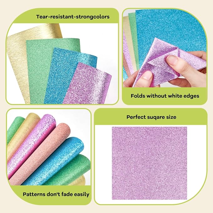 JoyCat Pastel Glitter Origami Paper, 50 Sheets, 5 Colors, 6x6 Inch | Five soft glitter colors add delicate shimmer to origami, party decor, gift accents, journaling and romantic paper crafts.