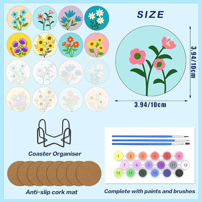 8 Pack Floral Paint by Numbers Kits Coasters with Holder Cork Pads | Flowers Paint by Number Kits for Adults Simple Round Oil Painting Coaster for Small DIY Craft Holiday Birthday Gift 3.9x3.9in