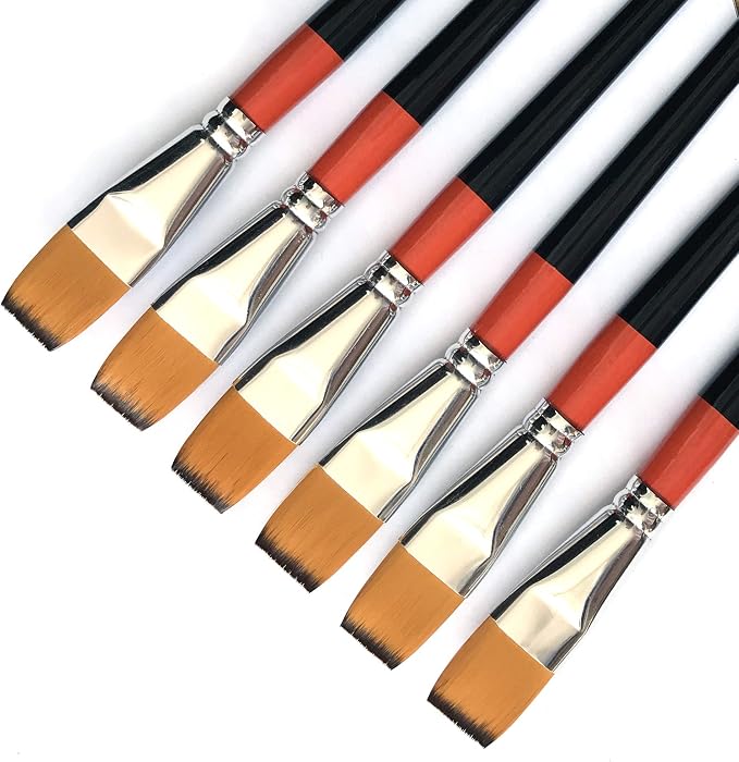 3/4 Inch Flat Bright Paint Brush Set of 6, Premium Taklon Synthetic Hair | No Shedding Bristles for Acrylic Watercolor Oil Gouache Tempera Enamel Ink Painting for Students, Professionals & Artists