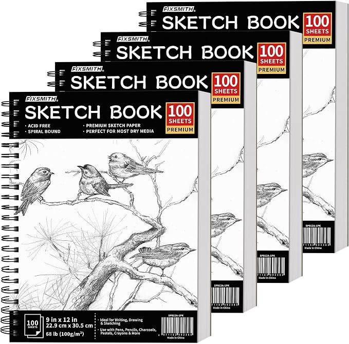 FIXSMITH 9"X12" Sketch Book, 100 Sheets, 68 lb/100gsm, 4 Pack Black | Acid Free Drawing Paper | Spiral Bound Artist Sketch Pad | for Kids, Beginners, Artists & Professionals | Bright White