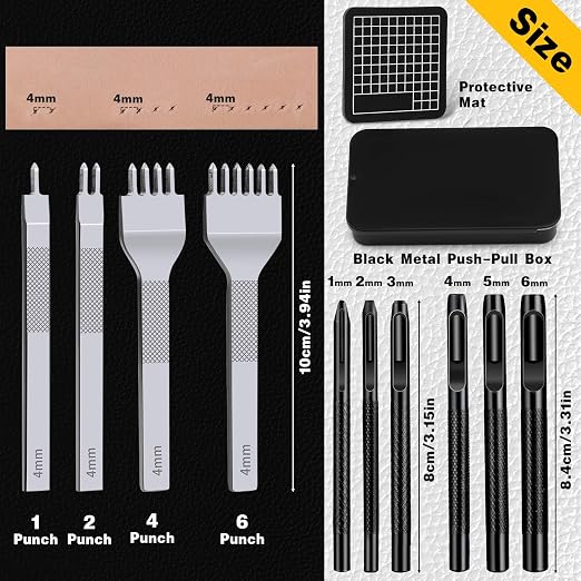 Leather Stitching Punch Hole Punch Tool Set, 4mm 1/2/4/6 Prong Punch Chisel