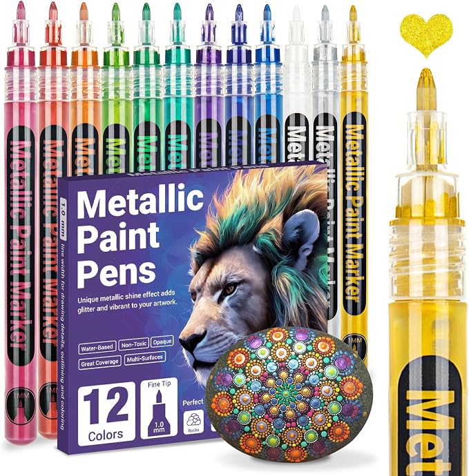 SAKEYR Metallic Acrylic Paint Markers - 1.0mm Fine Tip Glitter Paint Pens for Rock Painting, Stone, Glass, Ceramic, Wood, Fabric, Black Paper, Scrapbook Journals, Photo Albums, DIY Crafts (12 Colors)